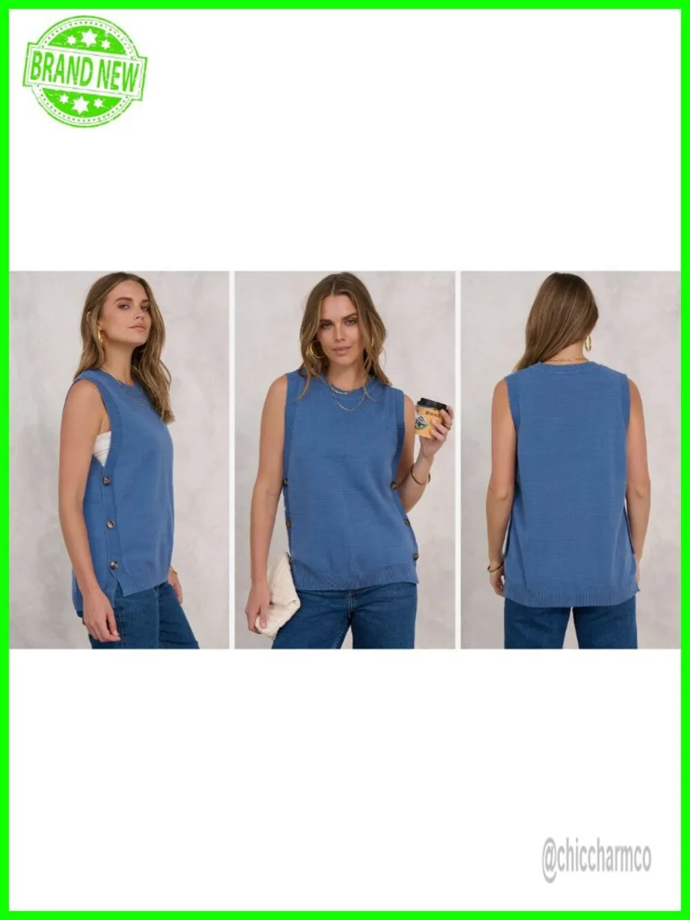 Sleeveless Sweater Vest RIBBED KNIT Side Button Loose Pullover Tank Top